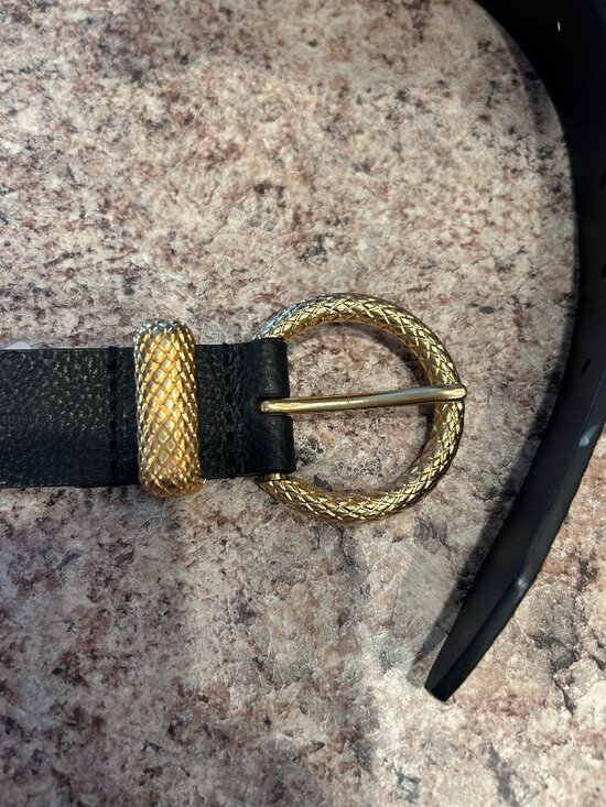 Rebecca Minkoff Black Leather Belt with Gold Tone Snake Buckle M